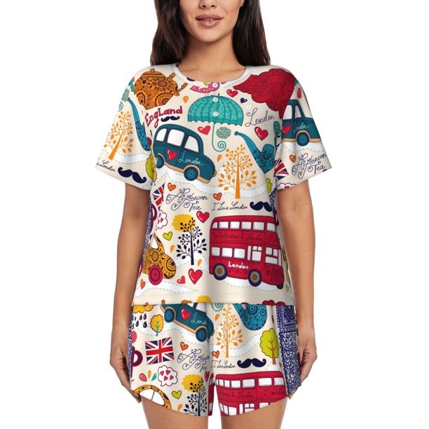 Fotbe London Symbols Conjunto de Pijama Estampado para Mujer, 2 Piezas, Ropa de Dormir con Camiseta de Manga Corta y Shorts Suaves-Small
