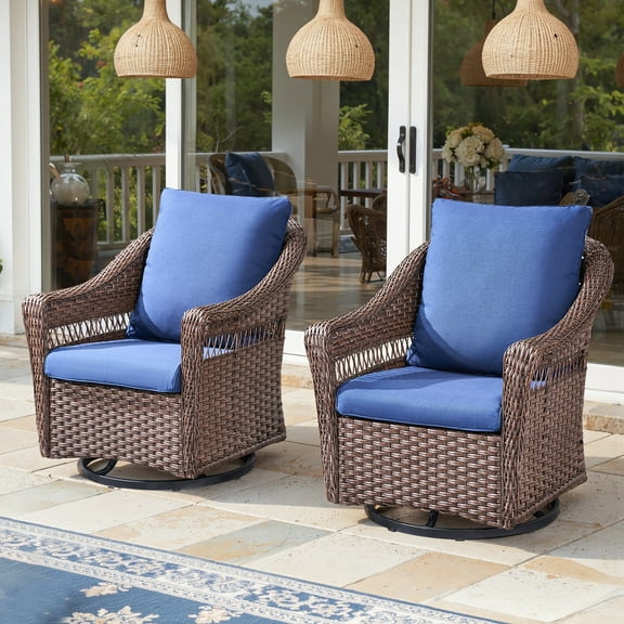 OPOHORO Outdoor Swivel Rocking Wicker Chairs Set of 2, PE Rattan Patio Glider Chairs with Blue Cushions for Porch or Backyard