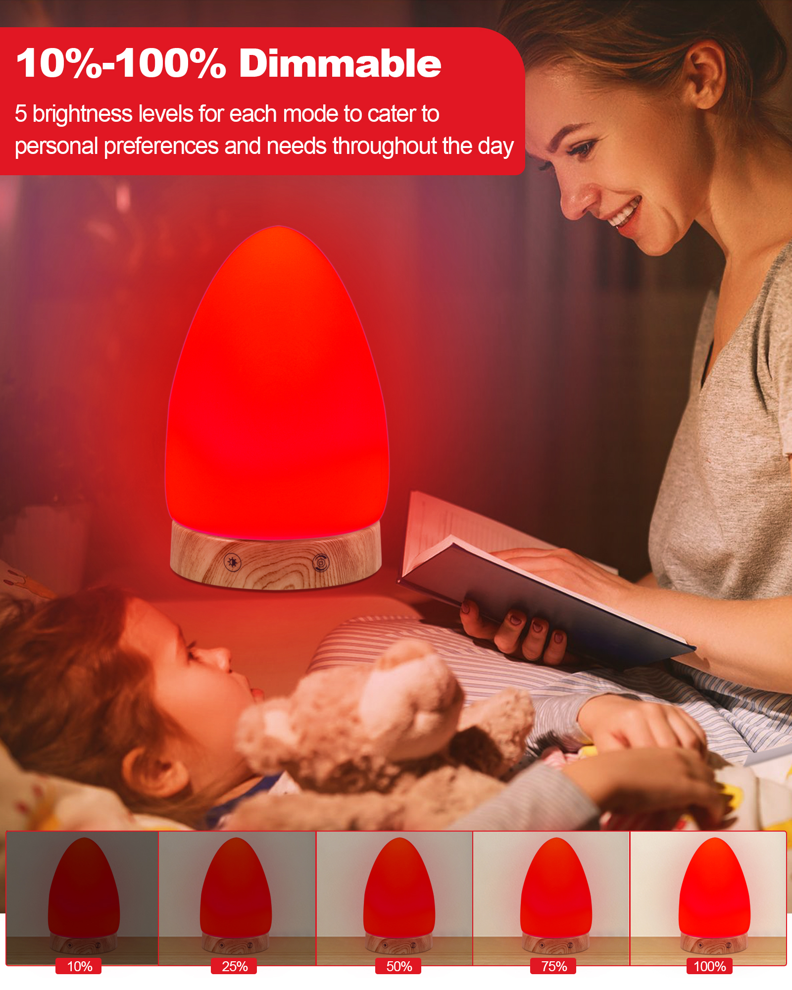 Red Light Night Light Lamp for Sleep, Red Nightlight Desk Lamp with 670nm Wavelength Multi-Color and Brightness Options Remote Control USB Charging Elegant Design