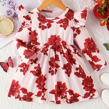 

Geire Fashion Girl s Spring Fall New Dress Floral Printed Long Flysleeve Round Neck Pleated Knee-Length Dress Girls Sweet Style Dress