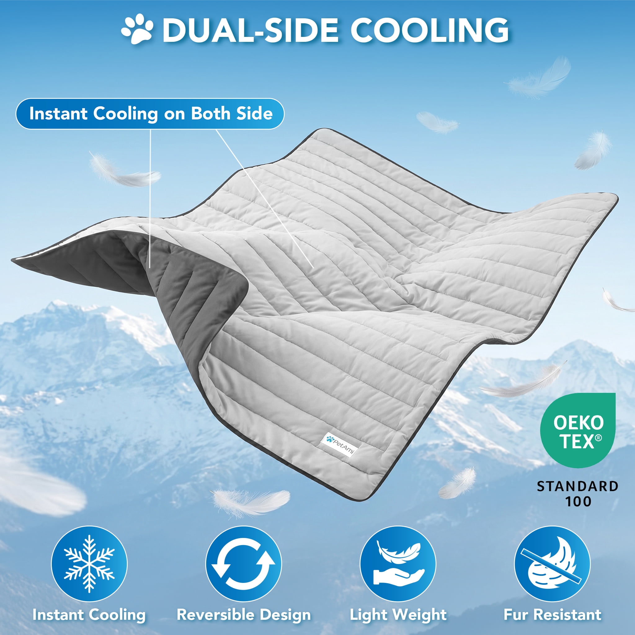 PetAmi Dog Cooling Mat, Q-Max Pet Cooling Blanket with Thick Cushioning, Self Cooling Pad for Dogs & Cats,  Reversible Summer Mat for Crate, Couch, Kennel, Gray/Light Grey, Large (40x60)