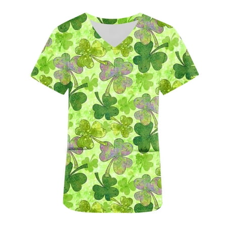

Deals of the Day!Taqqpue St Patricks Day Scrub Tops Shirts for Women Plus Size Shamrock Clover Print V-Neck Short Sleeve Nursing Working Uniforms Blouse Workout Tops Workwear with Pockets
