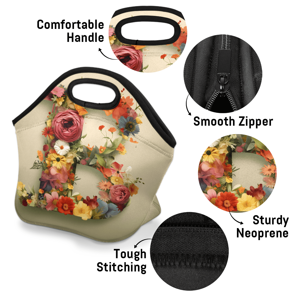 Herdesigns Letter B Neoprene Lunch Bag, Flower Letter B Insulated Lunch Box for Women Men Washable Lunch Tote Soft Lunch Container With Zipper for Work Picnic Travel