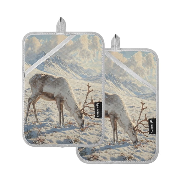 BZSMCE Pot Holder Oven Mitts Cooking baking Reindeer Grazing in The Snow-covered Creative Pattern Size:7x9.8in