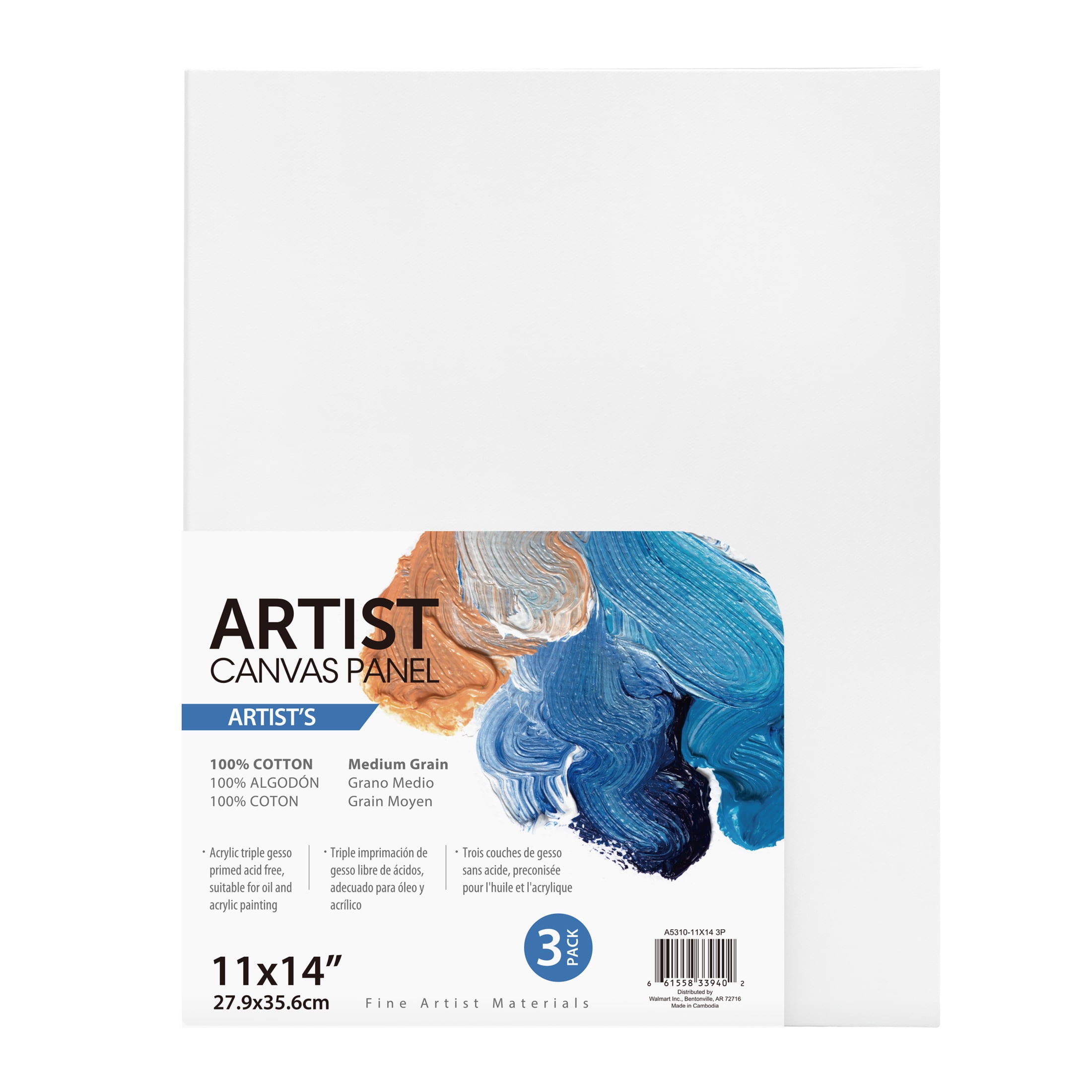 Artist Canvas Panel, 100% Cotton Acid Free White Canvas, 11"X14", 3 Pieces