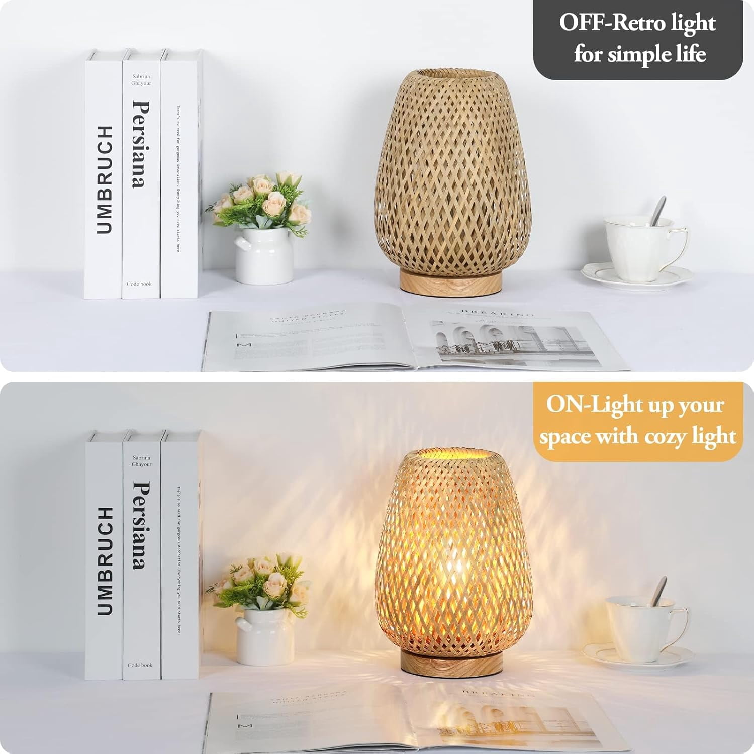 MEHOOM Rattan Table Lamp for Bedroom, Dimmable Unique Bedside Lamp, Farmhouse Desk Lamp for Bedroom, Living Room, Boho Rustic Decor (Natrue Bamboo)