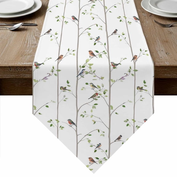 Sparrow Table Runner Linen Burlap Table Runner 90 Inches Long Spring Birds on The Branches Vintage Country Dresser Scarves for Kitchen Island Coffee Dining Party Wedding Banquet Holiday Decor 13"x90"