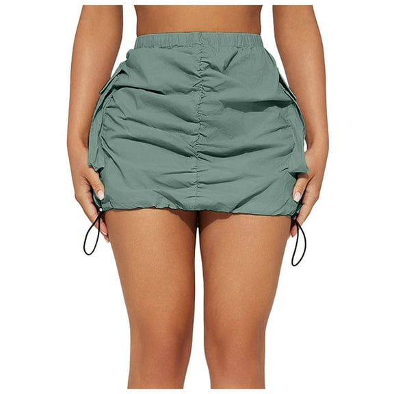 WENWU Womens Cargo Skirt Casual Summer High Waisted Bodycon Pencil Ruched Mini Skirts Side Drawstring and Pockets Poodle Skirts for Girls Womens Plaid Skirt