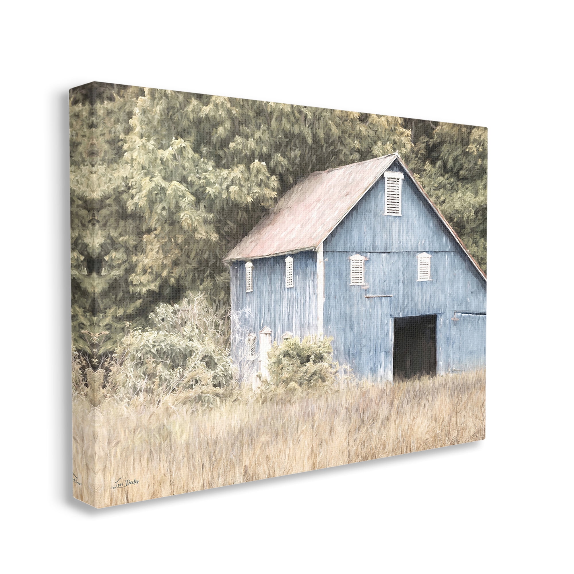 Stupell Industries Rustic Blue Barn Landscape Painting Gallery Wrapped Canvas Art Print Wall Art, 20 x 16