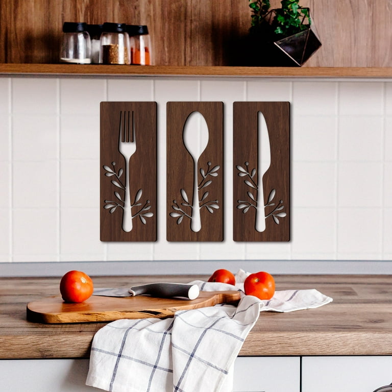 Fork Spoon Knife Wall Hanging Sign Large Wooden Hollow-Out Mural Decal for Kitchen Dining Room & Eatery, Size: Medium