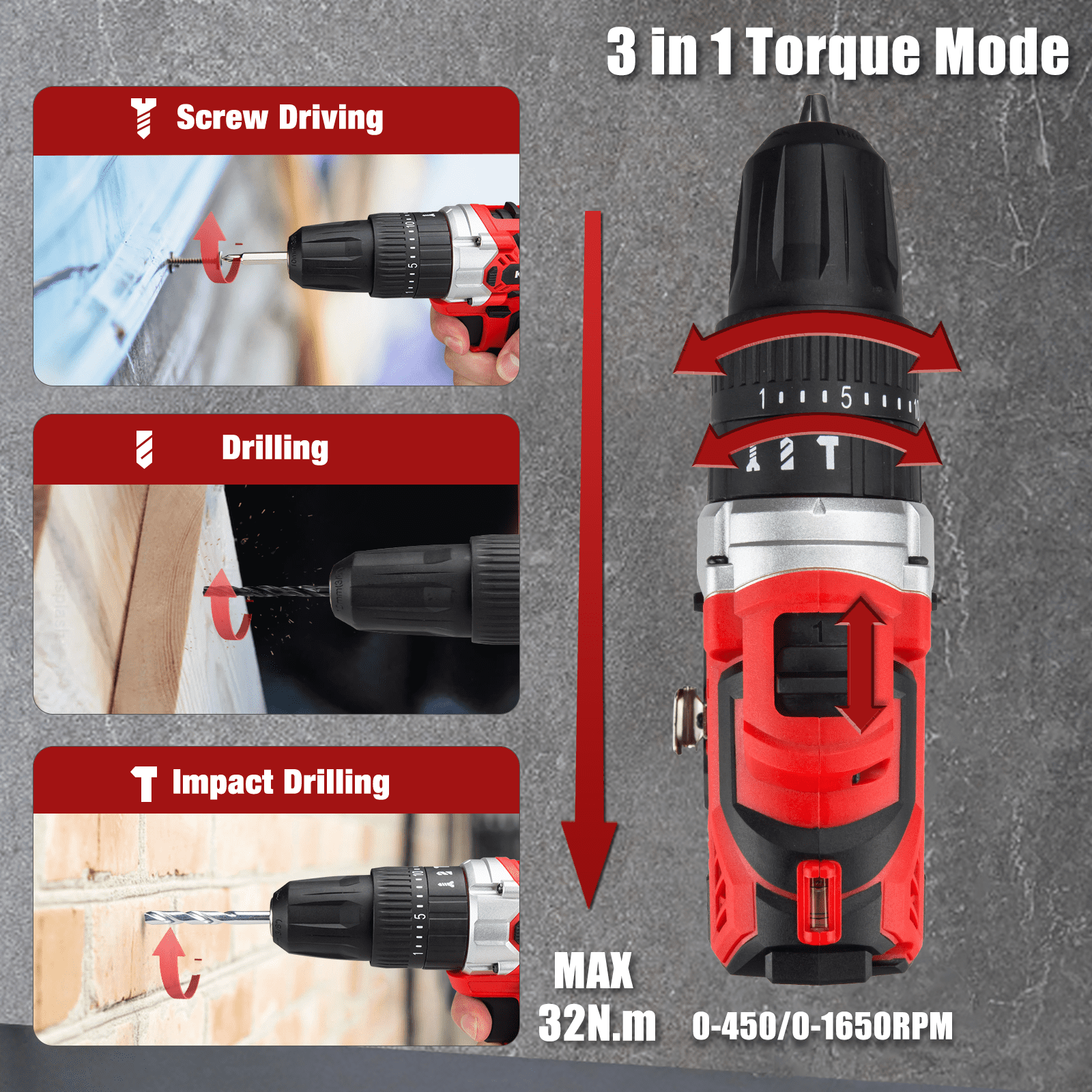 DEEPLUCK Cordless Drill Set, 20V Power Drill Kit with 2 X 2.0AH Battery, 44pcs Drill/Driver Bits, 1 Box Screws, Bubble Level, 3/8'' Chuck Electric Drill, 32NM, 21+3 Position, 2 Variable Speed