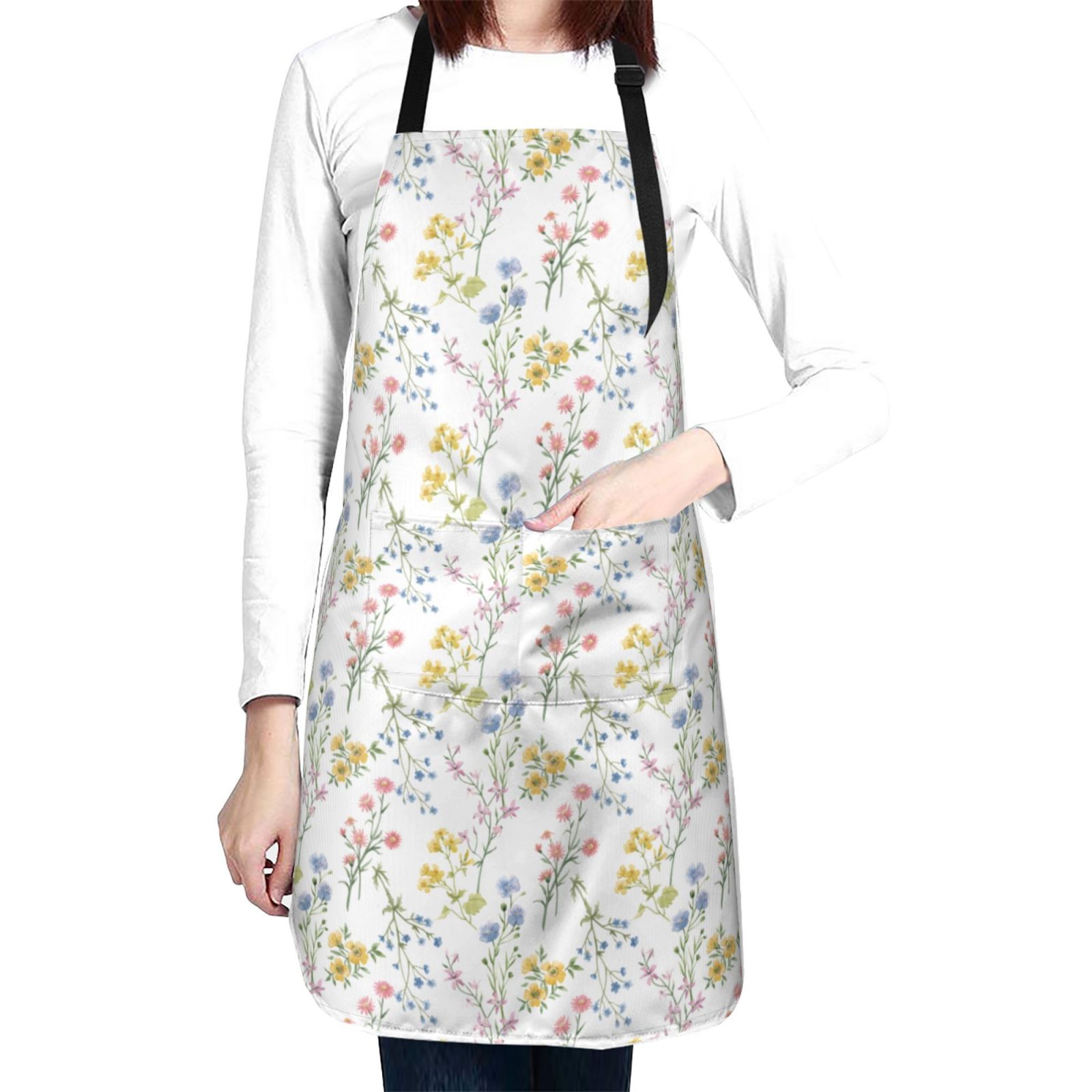 Kdxio Floral Apron with Pockets Adjustable Kitchen Aprons for Men Women Waterproof Aprons for Cooking,Drawing,Crafting, Baking Household Cleaning