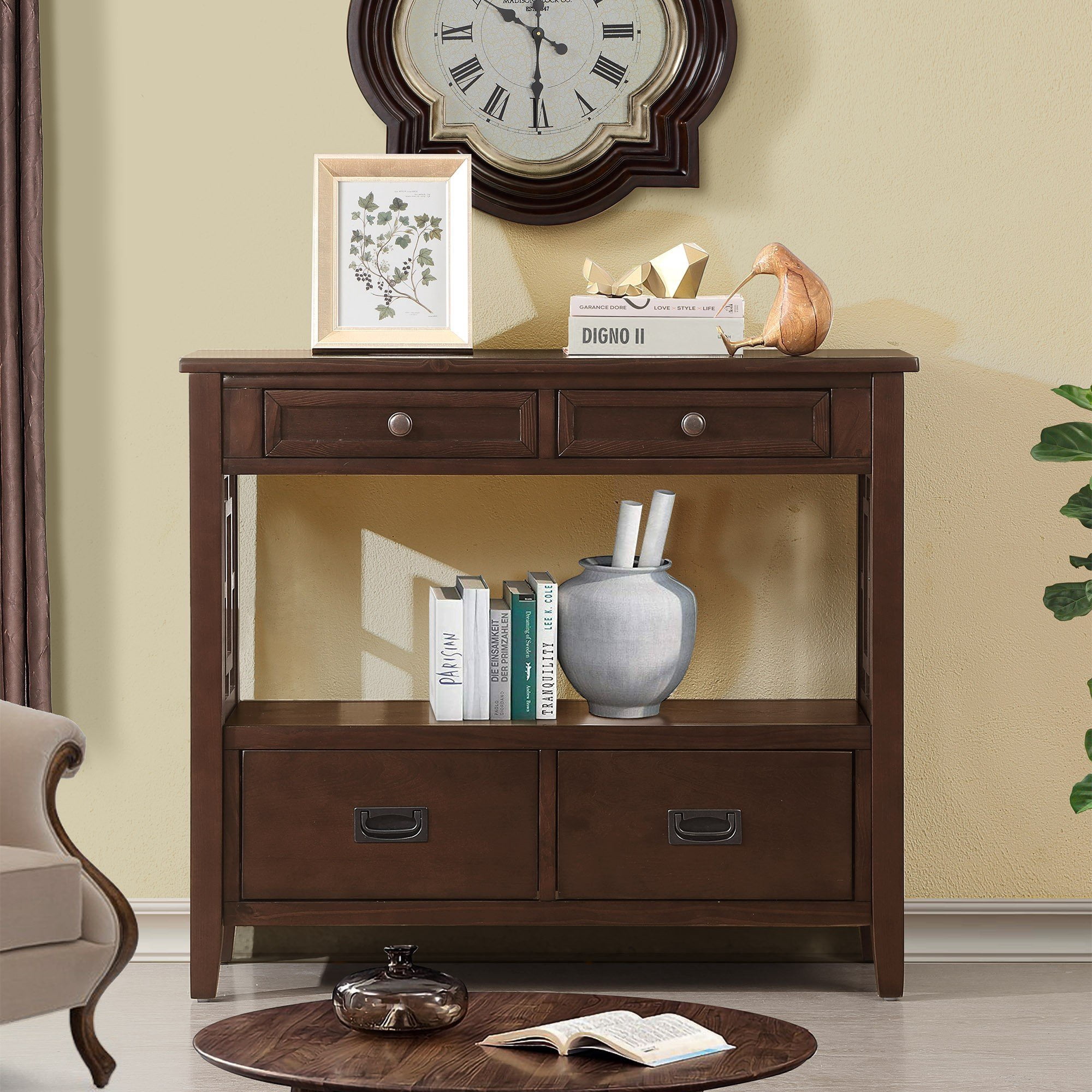 PORKISS Farmhouse Solid Wood Console Table, Entryway Table Hallway Table with 4 Drawers 1 Storage Shelf, Sofa Table for Living Room, Foyer, Espresso