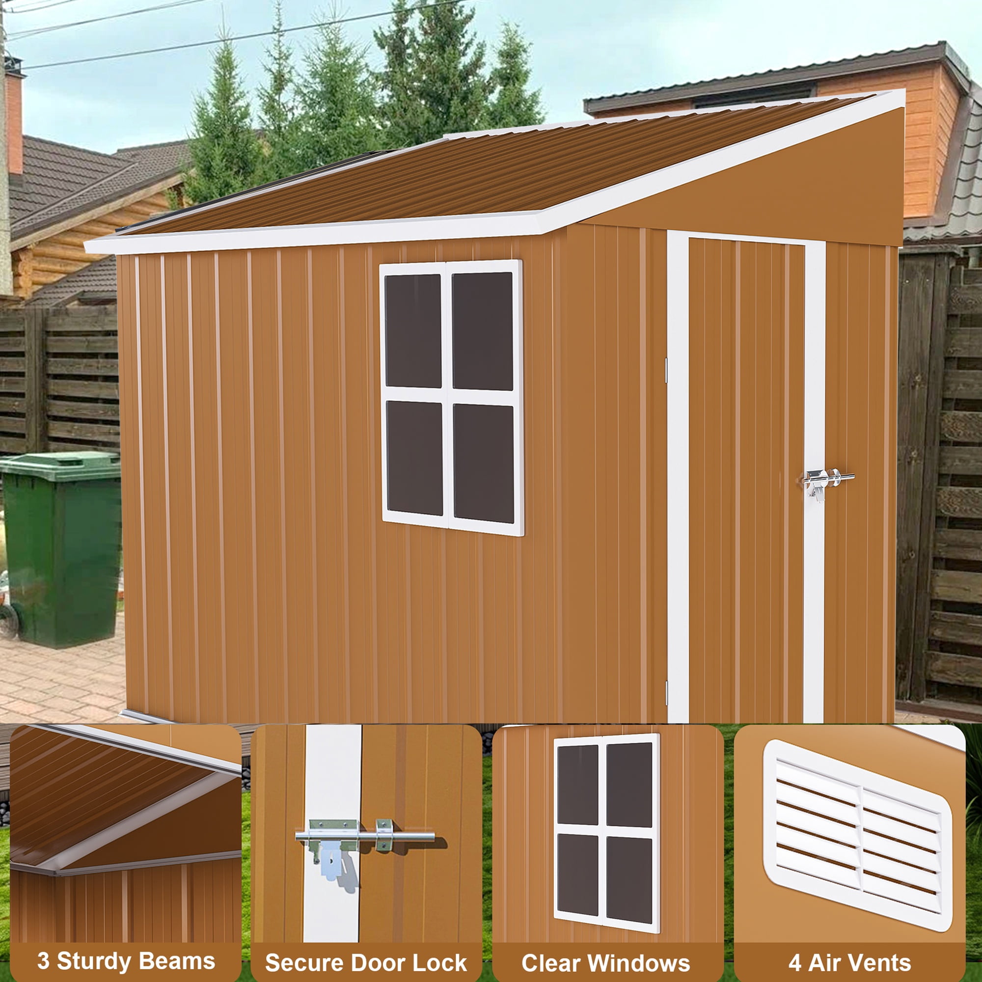 Outdoor Shed 4x8 FT, Metal Garden Windproof Lean to Shed, All-Weather Steel Outdoor Storage w/Lockable Door & Air Vent for Backyard Patio, Brown