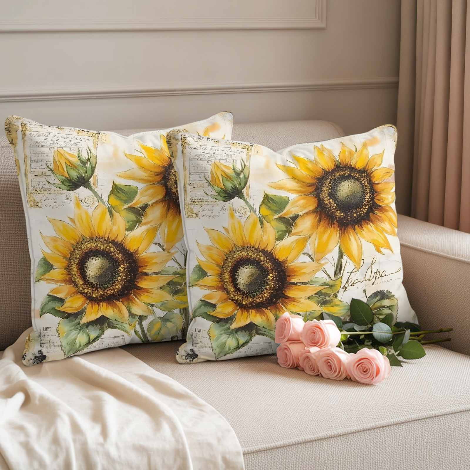 Sunflowers Retro Outdoor Waterproof Pillow Covers, Spring Summer Floral Botanical Decorative Square Throw Pillowcase Sofa Cushion Sham for Patio/Couch/Chair, 20"x20" 2 Pack
