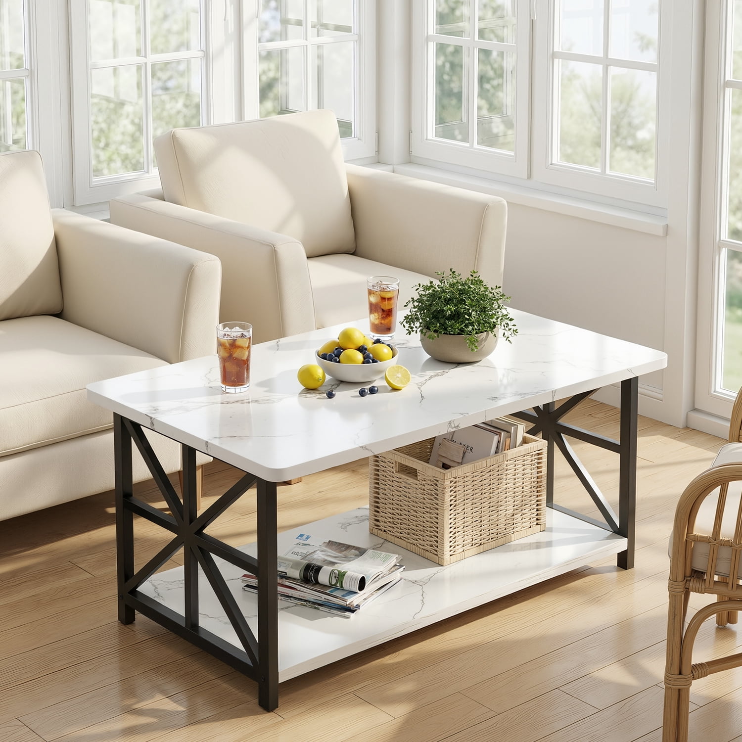 Lamerge Coffee Table with Round Corners, 2 Tier Coffee Table with Storage Shelf, Rectangular Center Table for Living Room Modern Style, Marble Tea Table 39.37 × 21.65 Inches, Easy to Assemble, White