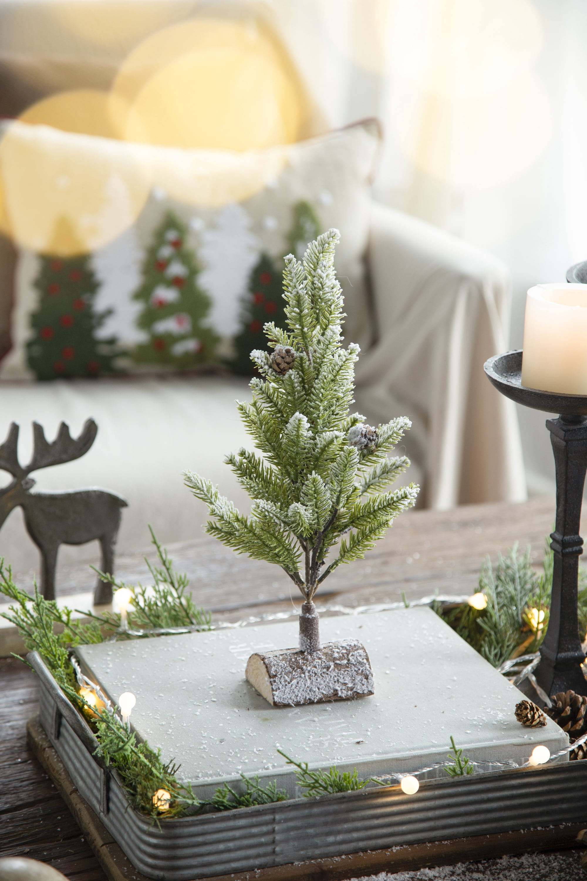 Set of 2 Snowy PVC Christmas Tree on Wood Base 13.5 Inch Tabletop Holiday Centerpiece Decor