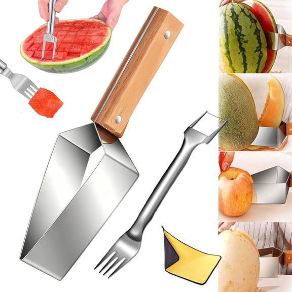 Triangle Watermelon Slicer Cutter, Stainless Steel Fruit Divider Tool with Wooden Handle, Multifunctional Melon Cutting Tool for Home Kitchen Gadgets