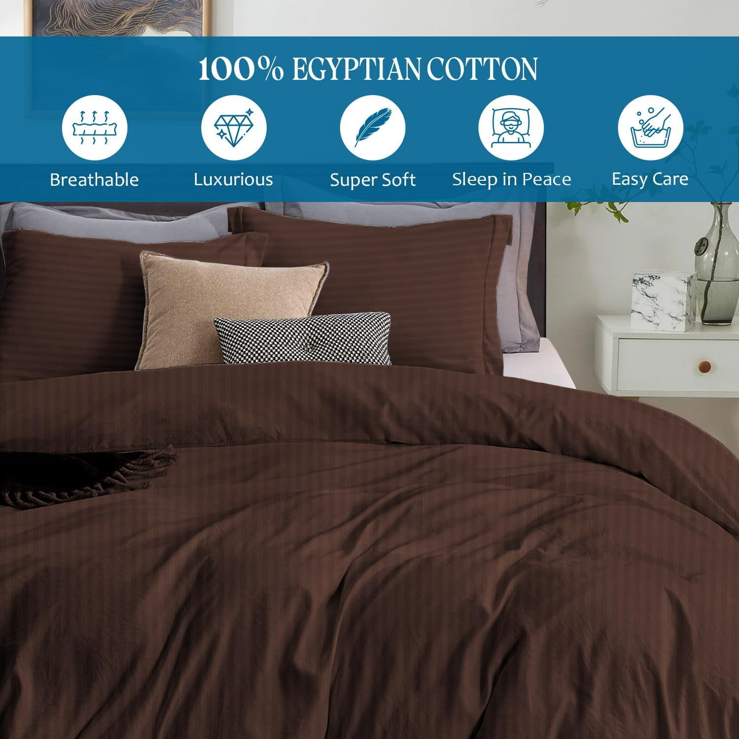 SRP Linen 500 Thread Count Chocolate Stripe 100% Egyptian Cotton Premium Duvet Cover, King