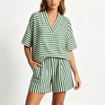 thumbnail image 2 of Cagogo Women Plus Size Striped 2 Piece Set V Neck Short Sleeve Blouse Shorts Casual Loose Boho Vacation Outfits Summer Cruise Travel Matching Lounge Clothes, Yellow M, 2 of 6