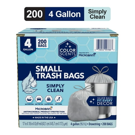 Color Scents 4-Gallon Small Drawstring Trash Bags with Simply Clean Scent and Microban, 200 Bags