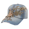thumbnail image 1 of Women's Embossing Flower Denim Baseball Cap Summer Rhinestone Inlaid Jeans Hat, 1 of 5