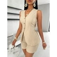 thumbnail image 5 of Women'S Summer 2 Piece Outfits Sleeveless Matching Sets Button Down V Neck Vest Waistcoat and Pockets Shorts  S, 5 of 8