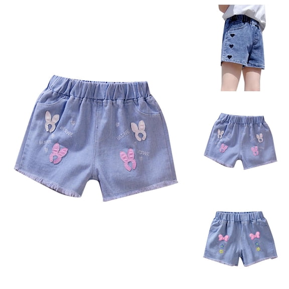 Little and Big Girls Summer Denim Shorts Elastic Waistband Flower Embroidery Jeans Sweet Floral Style Summer Jean Bottoms Ages 3-13