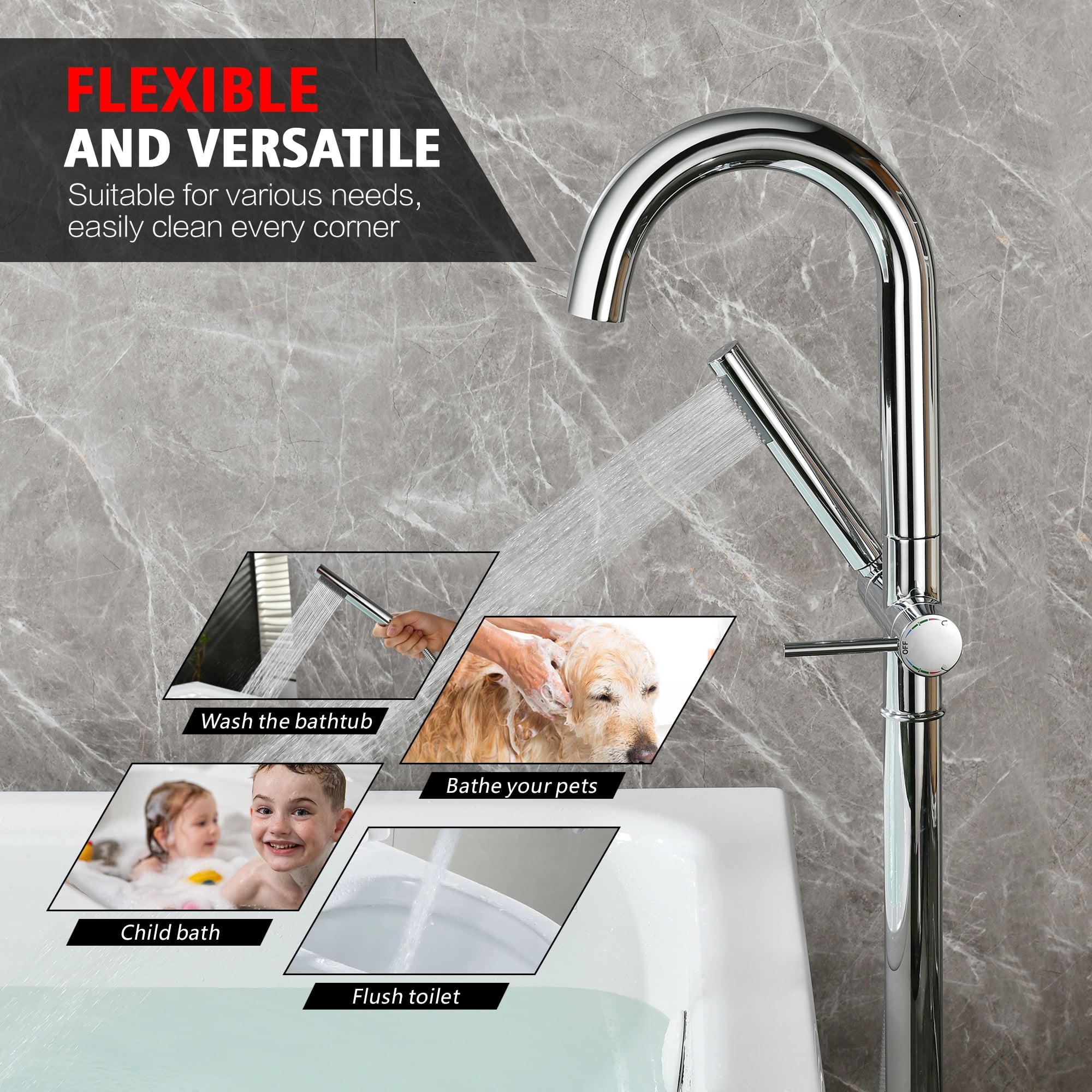 sumerain Brass Freestanding Bathtub Faucet with Handheld Shower, High Flow Floor Mounted Tub Filler Faucet with Swivel Spout Chrome