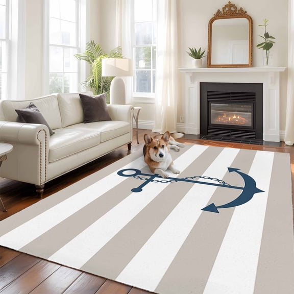Nautical Anchor Large Area Rugs 8x10 ft Beige and White Striped Washable Rug Non Slip Indoor Carpet Absorbent Floor Mat for Living Room Bedroom Dining Room