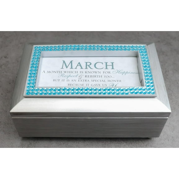 March Aquamarine Happiness Respect Birthstones Silver Tone Musical Trinket Box