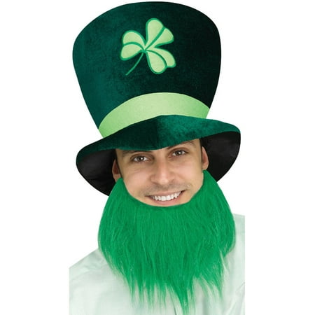 Adults St. Patrick's Day Leprechaun Tall Hat With Dark Green Beard