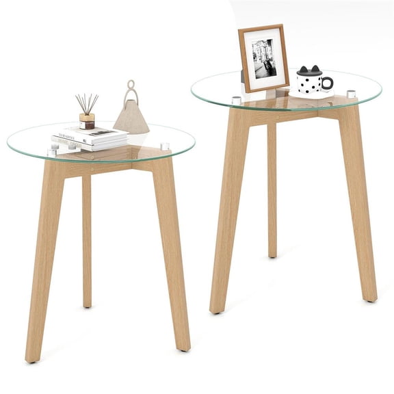 Topcobe Set of 2 Tempered Glass End Tables Round with Solid Rubber Wood, End Tables Living Room, Modern Furniture for Home