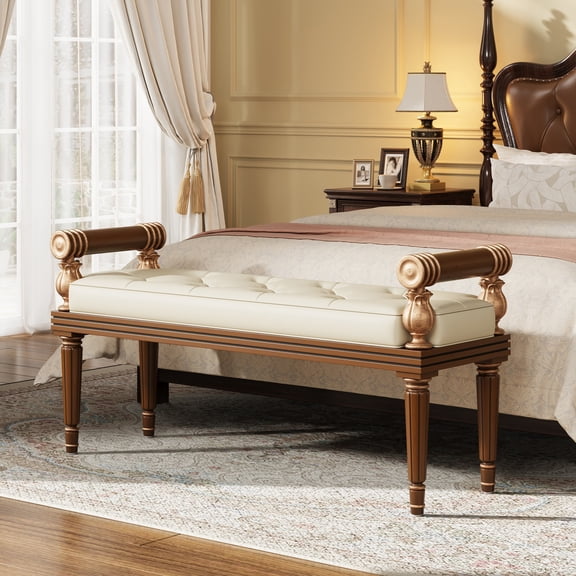 Christopher Knight Home Mid-Century PU Leather Bench, Vintage Button Tufted End of Bed Sofa, Beige
