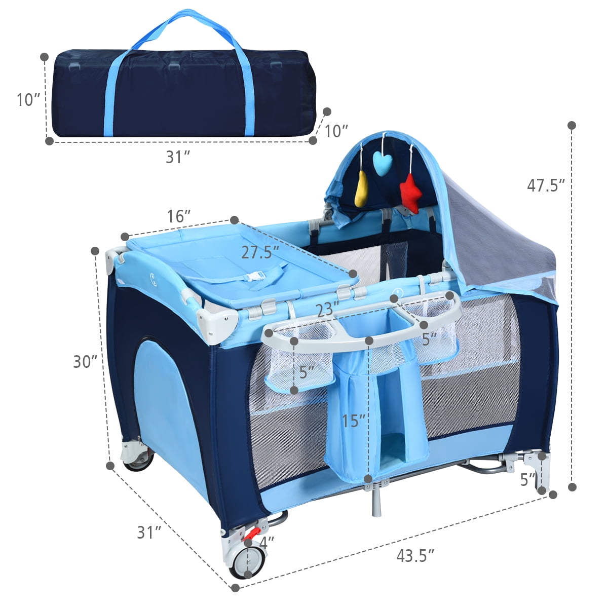 Costway Foldable Baby Crib Playpen Travel Infant Flat Bassinet Bed Mosquito Net Music with Bag Blue Shop Black Friday Deals for 2024 Walmart