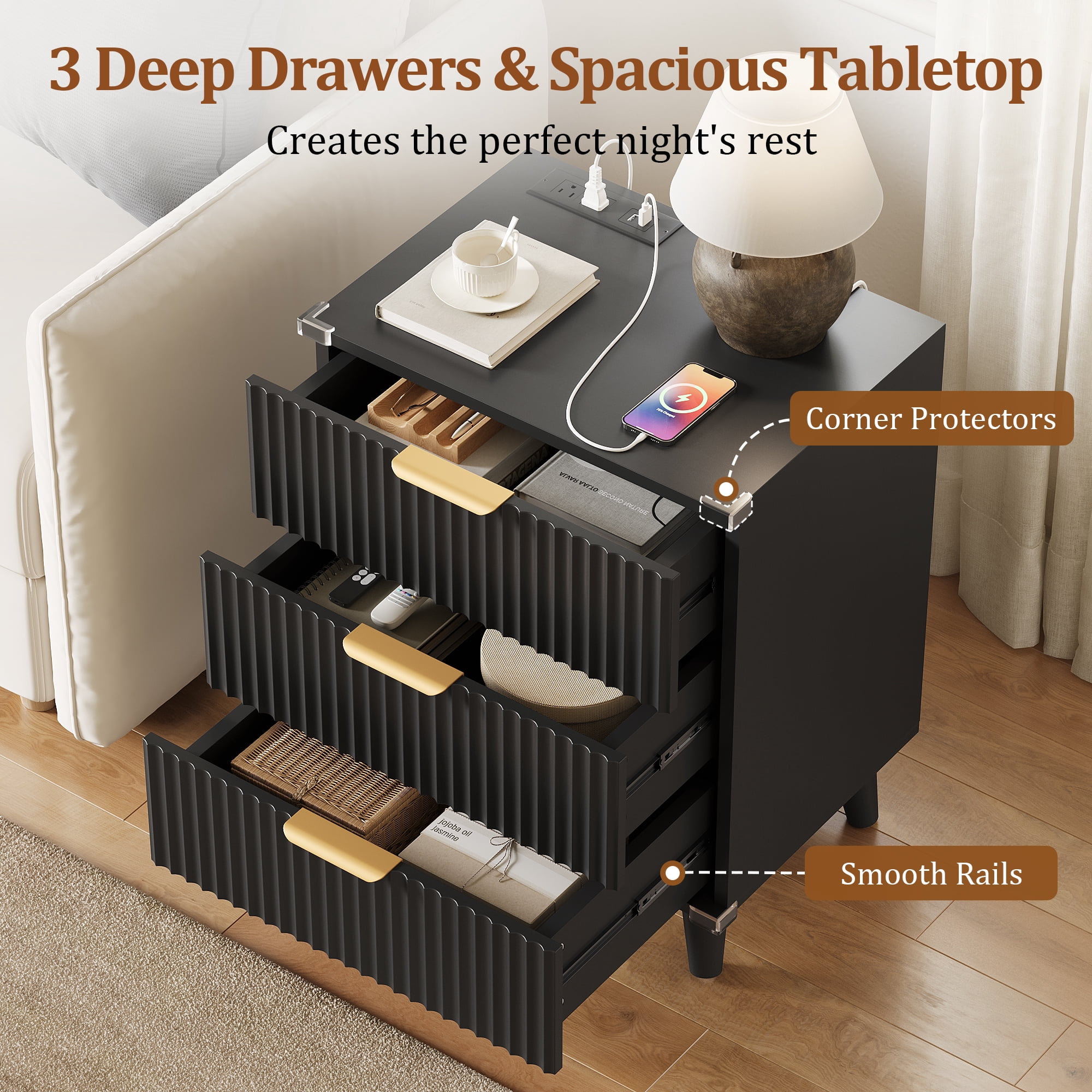 Aufeile Nightstand&nbsp;with Charging Station, 3 Drawer&nbsp;Nightstand for Bedroom, Fluted&nbsp;Bedside Table&nbsp;with USB Ports, Modern Wood&nbsp;Bedroom Side Table&nbsp;with Drawers, Black