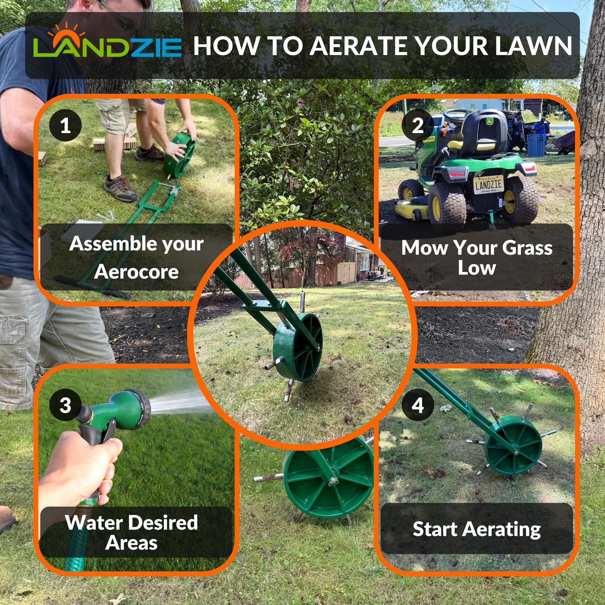 Landzie AeroCore Rolling Lawn Aerator – Manual Core Plug Aerator with Chamfered Hollow Tines – Heavy-Duty Aerator Lawn Tool for Grass and Soil – Push Yard Aerator Aeration Tool for Lawn Plugs