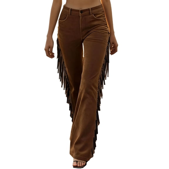 Xdegoge Fringe Jeans for Women Flared Leg High Rise Boho Suede Pants with Side Tassels Trendy Casual Party Streetwear