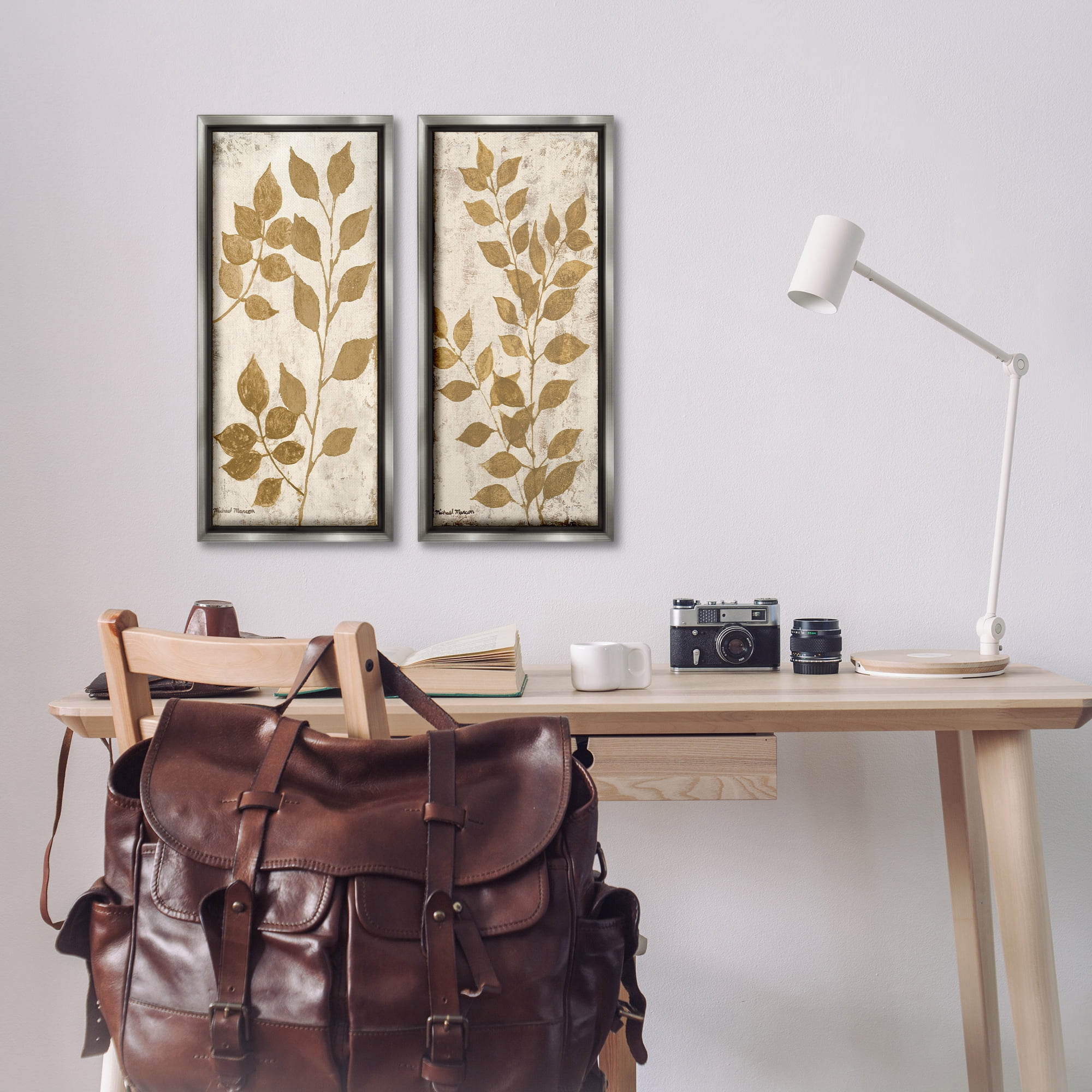 Stupell Industries Distressed Natural Leaves Floral & Botanical Painting Gray Floater Framed Canvas Art Print Wall Art, 11 x 25, Set of 2