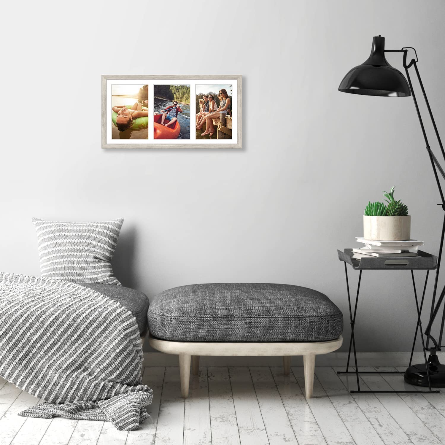 Americanflat 8x16 Collage Picture Frame with Three 5x7 Displays in Driftwood - Composite Wood with Shatter Resistant Glass - Horizontal and Vertical Formats for Wall