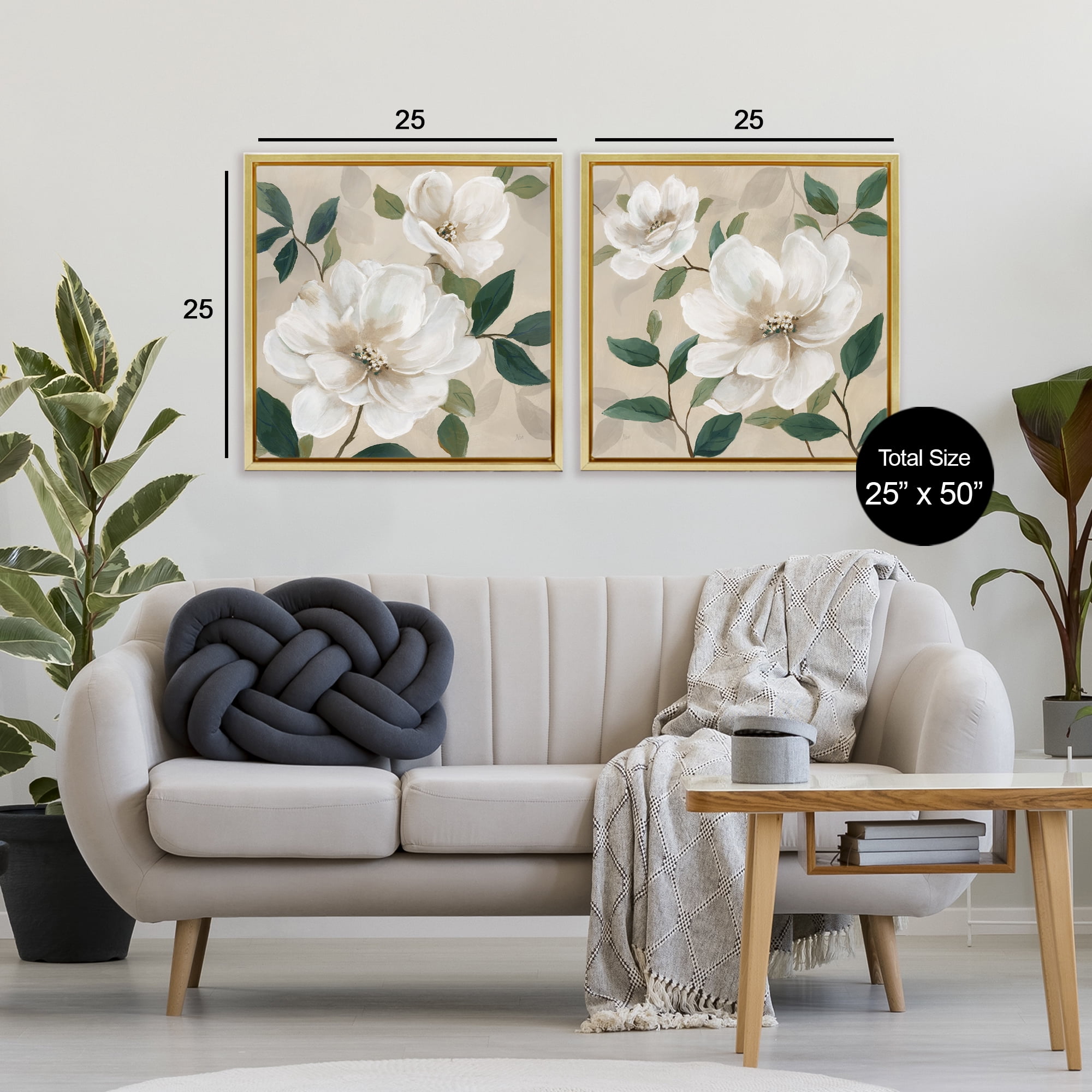 Stupell Industries Serene White Blossoms & Foliage 2 Piece Gold Framed Floater Canvas Set, design by Nan