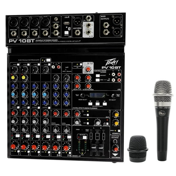 Peavey PV 10 AT 10 Channel Compact Mixing Mixer Console with Bluetooth Auto-Tune pitch correction Blue Mic