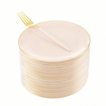 48pcs Pink Plastic Plates With 48pcs Pink Dessert Forks,Gold And Pink Dessert Plates,Plastic Salad Plates,Pink Cake Plates With Forks For Parties,Birtday,Bridal Shower, Festival, Party