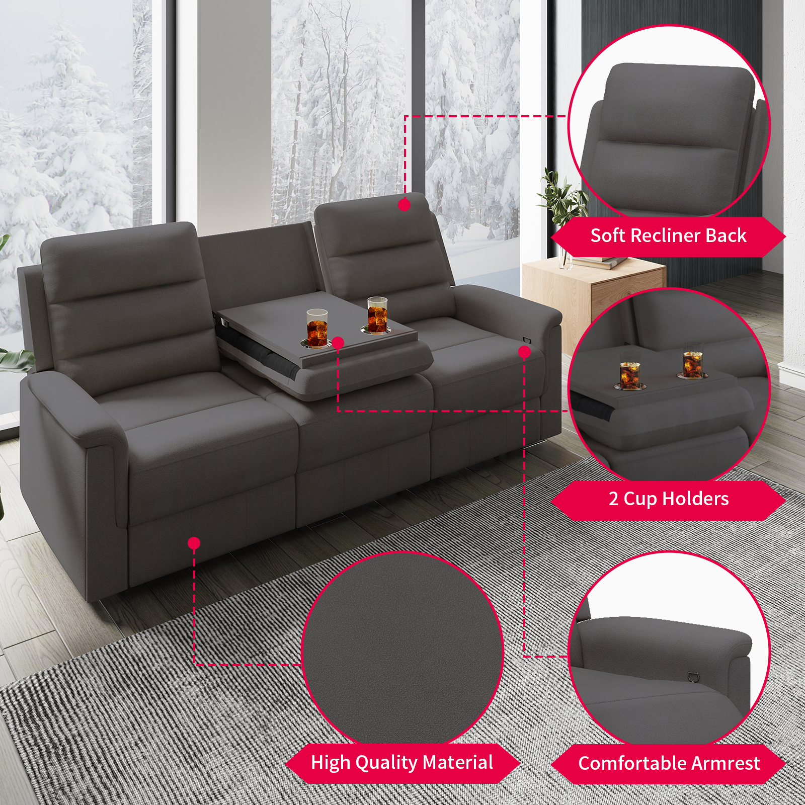 MUZZ Reclining Sofa Set, Modern Recliner Sofa with Cup Holders, Flip-Up Storage, Reversible Backrest and Footrest, Gray