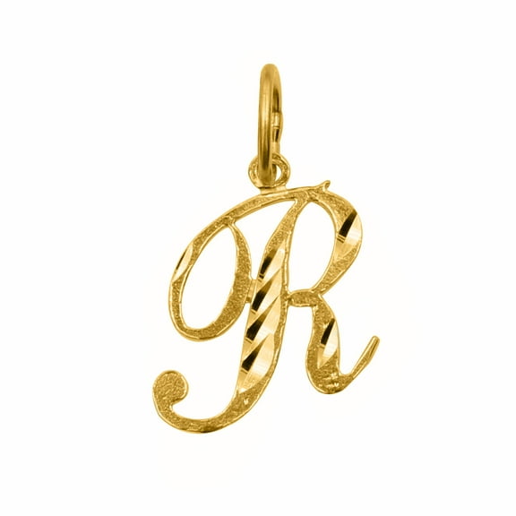 Precious Stars 14K Yellow Gold Diamond-cut Cursive Letter Unisex Initial 'R' Pendant - No Chain, Pendant Only
