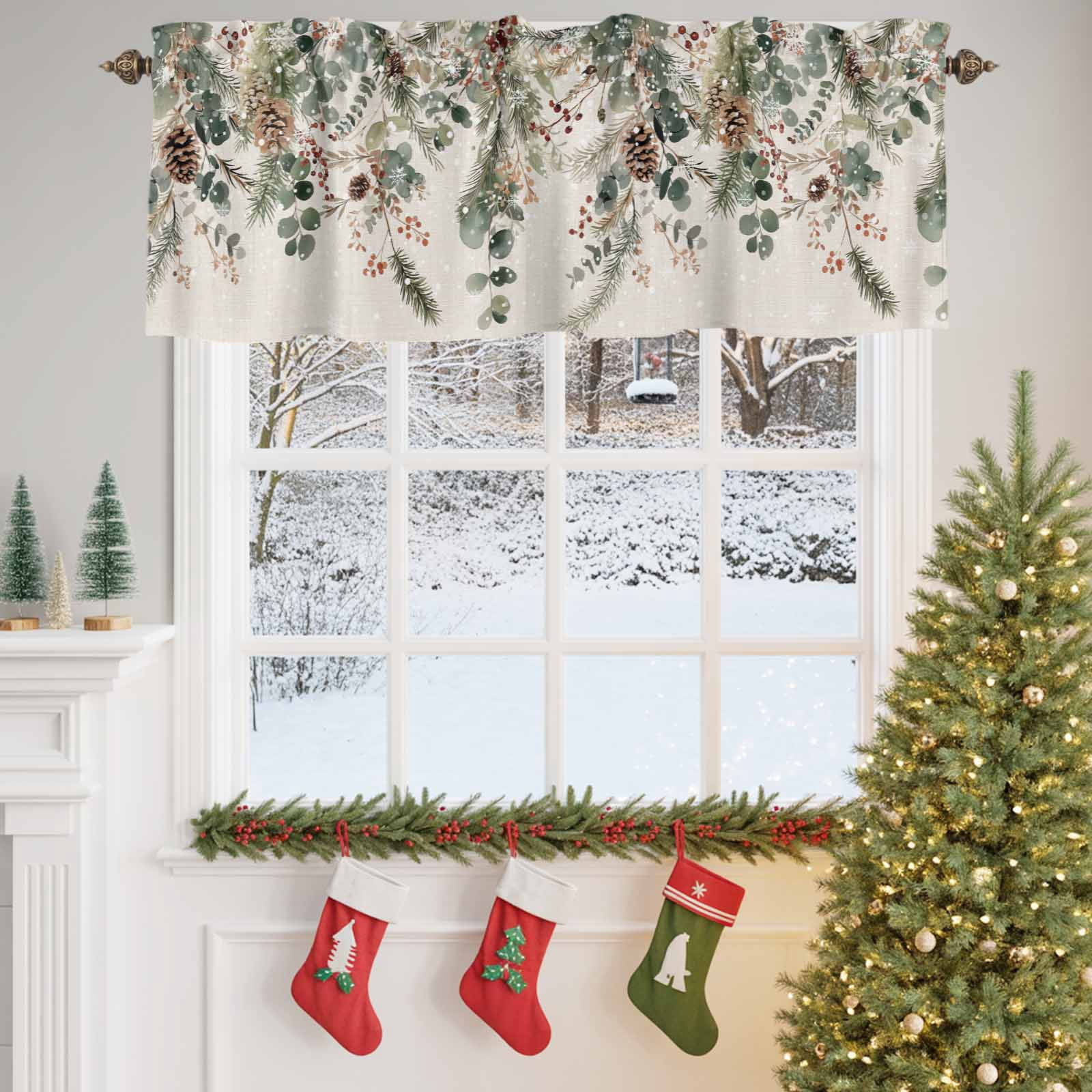 Christmas Winter Valance Curtain for Windows Pine Tree Berry Eucalyptus Retro Linen Curtain Valances Short Window Treatments Panels for Kitchen Bathroom Laundry Room Basement 60 x 18 Inch