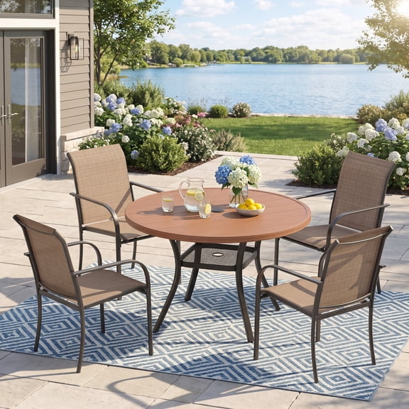 VOXBIN 5 Pieces Patio Dining Set – 40.6" Round Outdoor Table with 4 Stackable Chairs, Walnut Wood Grain Table and Brown Chairs，For Garden