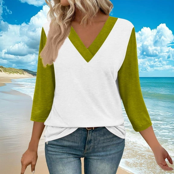 jtjvou V-Neck 3/4 Sleeve Women's Casual Blouse Unique Design Soft Breathable Fabric Trendy Style Versatile Top for Daily Wear Shopping Office Green XL