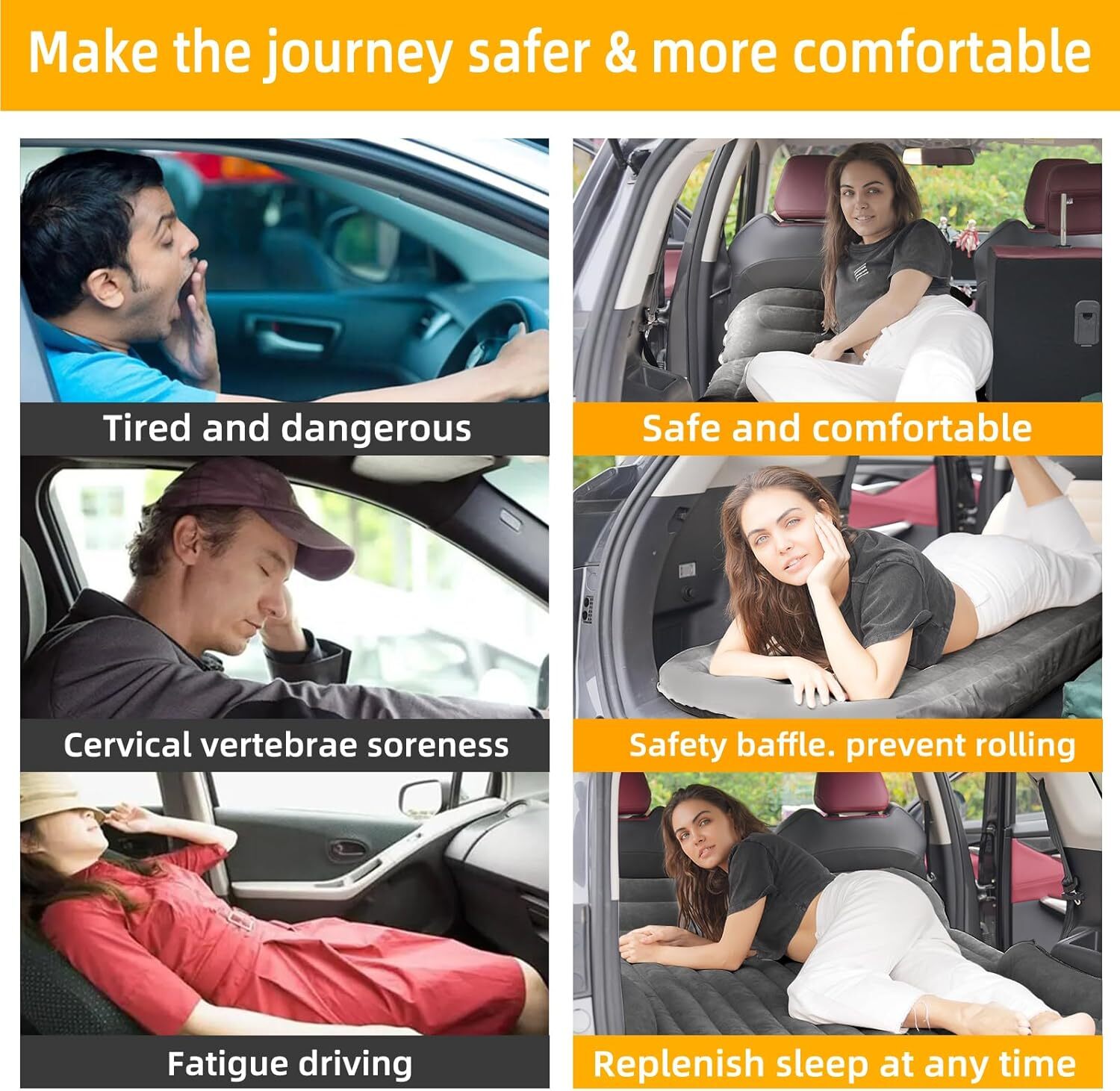 Car Camping Mattress, Portable Travel Sleeping Bed Inflatable Mattress - Air Bed for Car Universal SUV with Two Air Pillows, Black