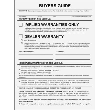 Implied Warranties Only Buyers Guide - 2-Part Carbonless - 8 1/2"W x 13 1/2"H - Pack of 100